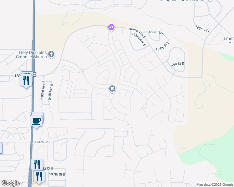 map of restaurants, bars, coffee shops, grocery stores, and more near 18718 110th Avenue Court East in Puyallup