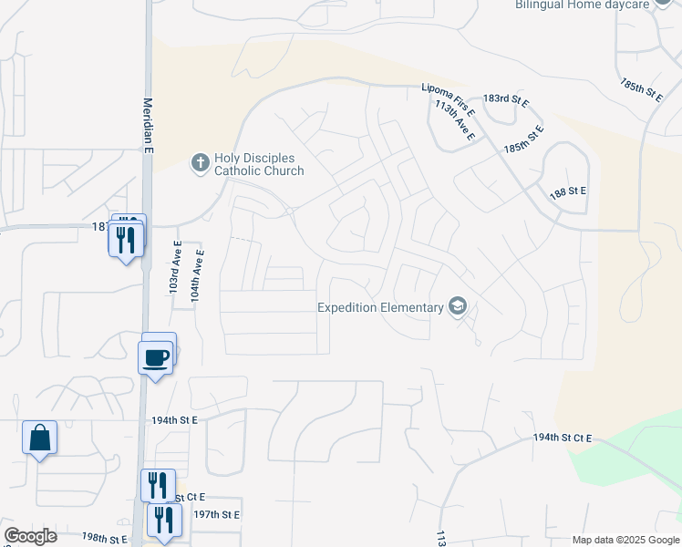 map of restaurants, bars, coffee shops, grocery stores, and more near 10617 188th Street East in Puyallup