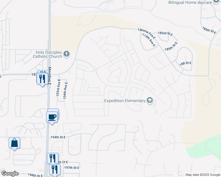 map of restaurants, bars, coffee shops, grocery stores, and more near 10617 188th Street East in Puyallup