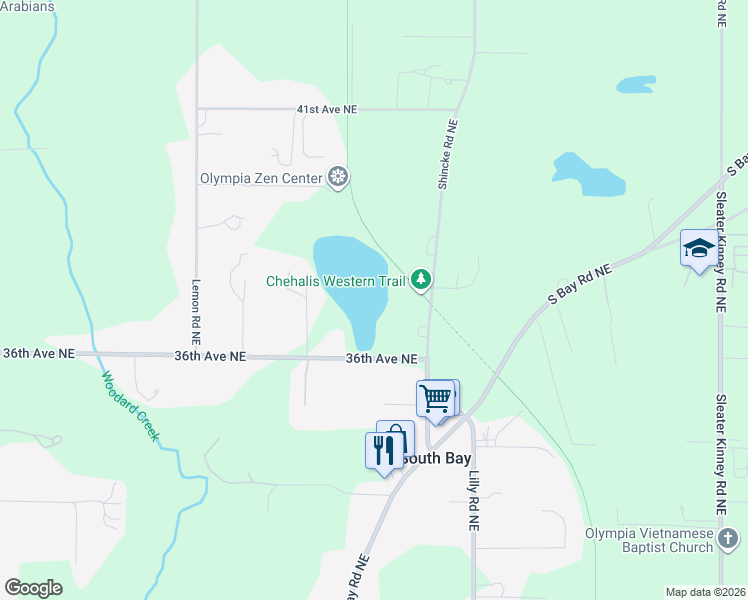 map of restaurants, bars, coffee shops, grocery stores, and more near 3619 Shincke Road Northeast in Olympia