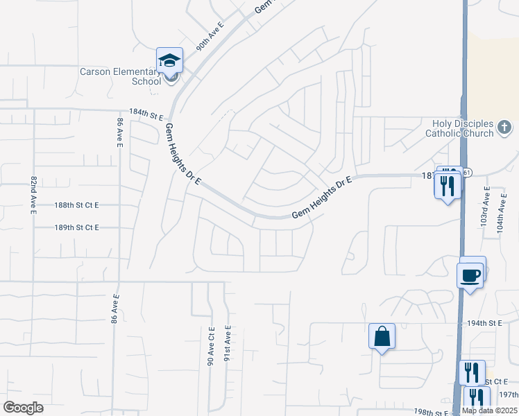 map of restaurants, bars, coffee shops, grocery stores, and more near 9426 187th Street Court East in Puyallup