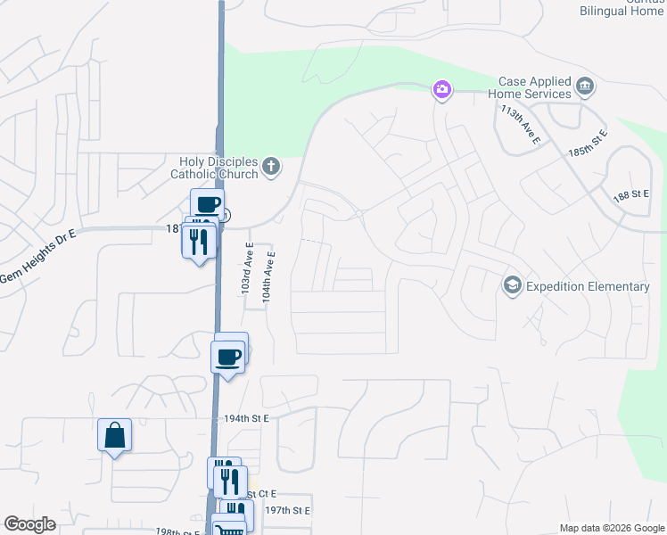 map of restaurants, bars, coffee shops, grocery stores, and more near 10562 188th Street Court East in Puyallup