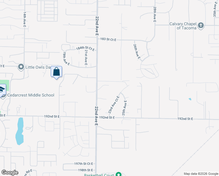 map of restaurants, bars, coffee shops, grocery stores, and more near 2306 189th Street East in Tacoma