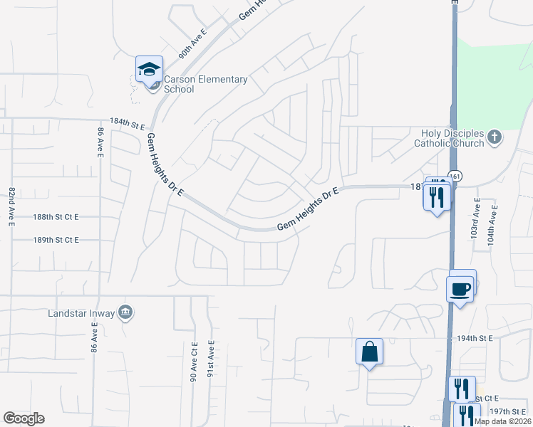 map of restaurants, bars, coffee shops, grocery stores, and more near 9440 187th Street Court East in Puyallup