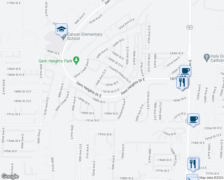 map of restaurants, bars, coffee shops, grocery stores, and more near 9513 187th Street Court East in Puyallup