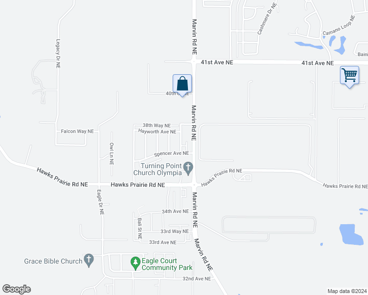 map of restaurants, bars, coffee shops, grocery stores, and more near 3606 Bacall Street Northeast in Lacey