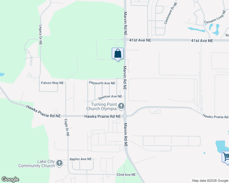 map of restaurants, bars, coffee shops, grocery stores, and more near 3604 Astaire Street Northeast in Lacey