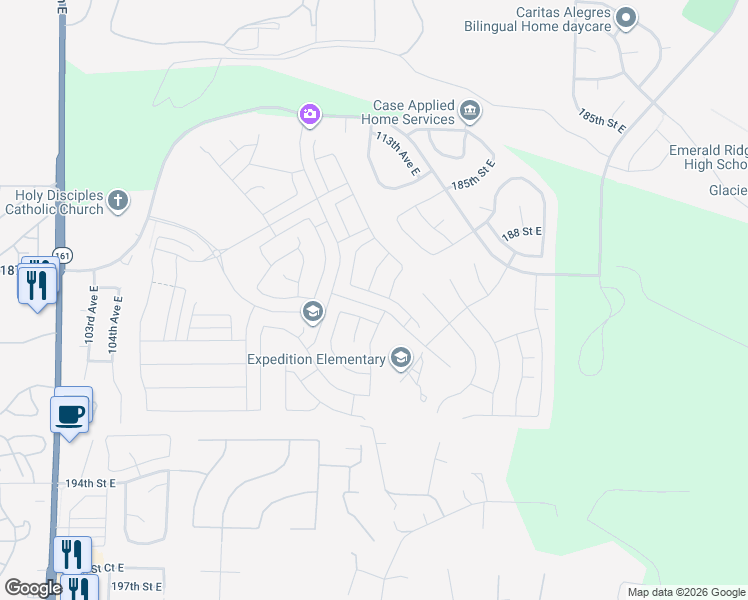 map of restaurants, bars, coffee shops, grocery stores, and more near 18718 110th Ave Ct E in Puyallup