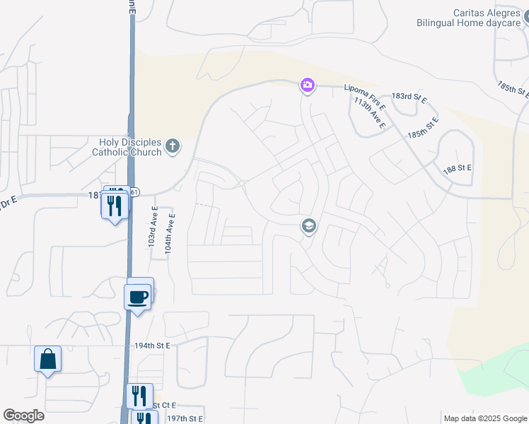 map of restaurants, bars, coffee shops, grocery stores, and more near 18805 106th Lane East in Puyallup