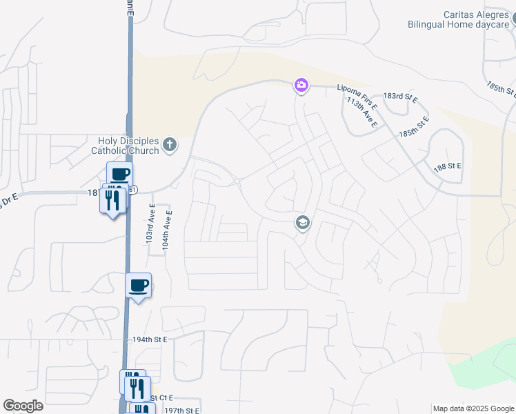 map of restaurants, bars, coffee shops, grocery stores, and more near 18718 106th Avenue Court East in Puyallup