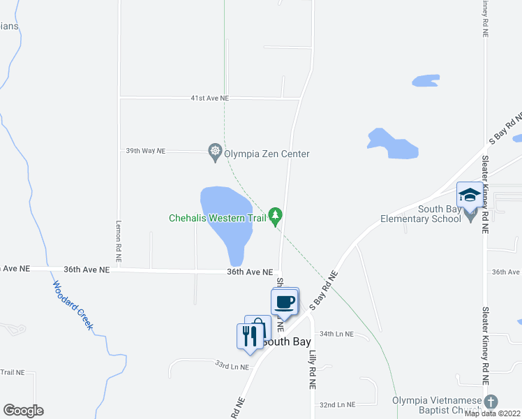 map of restaurants, bars, coffee shops, grocery stores, and more near Chehalis Western Trail (Woodard Bay Trail) in Olympia