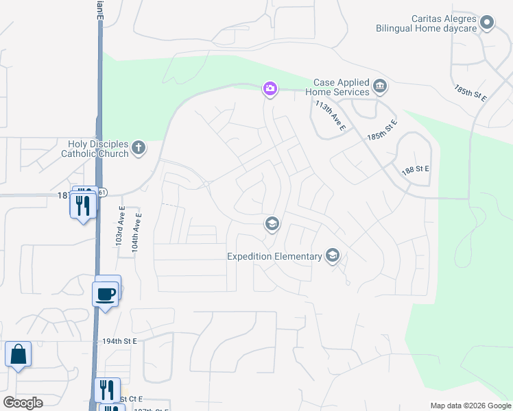 map of restaurants, bars, coffee shops, grocery stores, and more near 10628 187th Street East in Puyallup