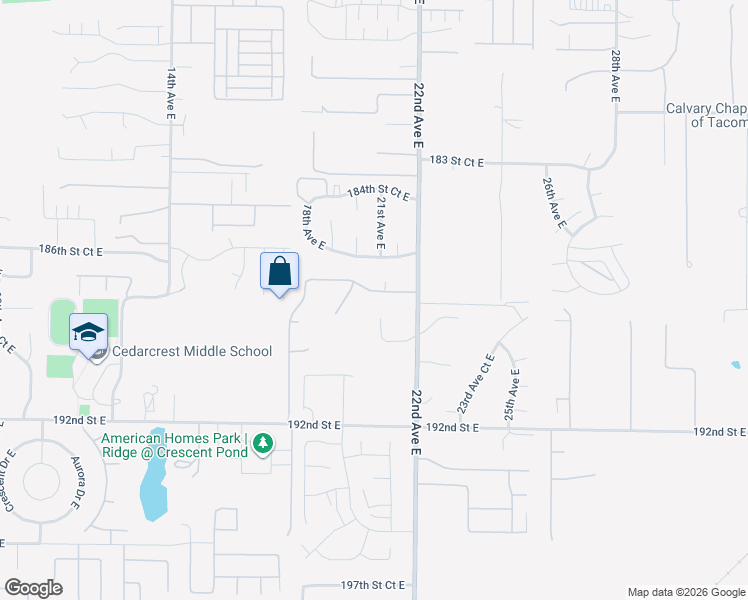 map of restaurants, bars, coffee shops, grocery stores, and more near 2105 187th Street Court East in Spanaway