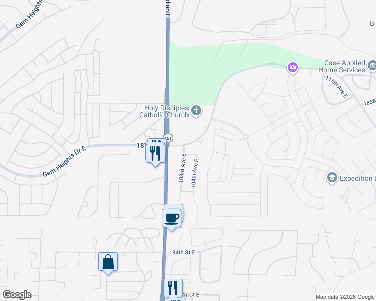 map of restaurants, bars, coffee shops, grocery stores, and more near 10301 188th Street East in Puyallup