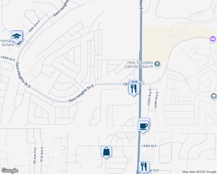 map of restaurants, bars, coffee shops, grocery stores, and more near 9728 187th Street Court East in Puyallup