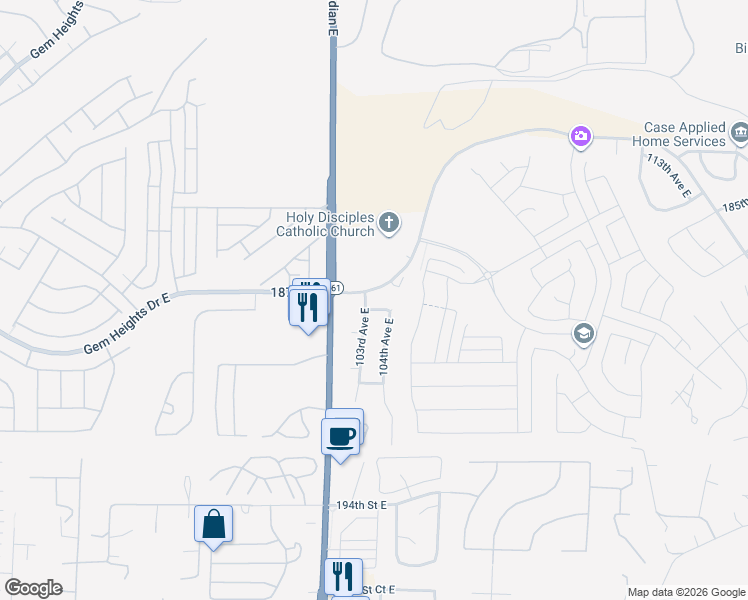map of restaurants, bars, coffee shops, grocery stores, and more near 10301 188th Street East in Puyallup
