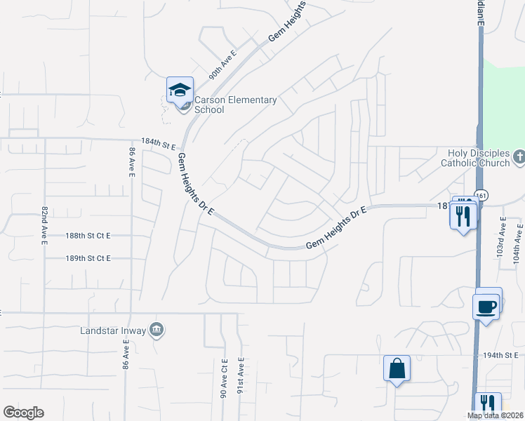 map of restaurants, bars, coffee shops, grocery stores, and more near 18638 94th Avenue Court East in Puyallup