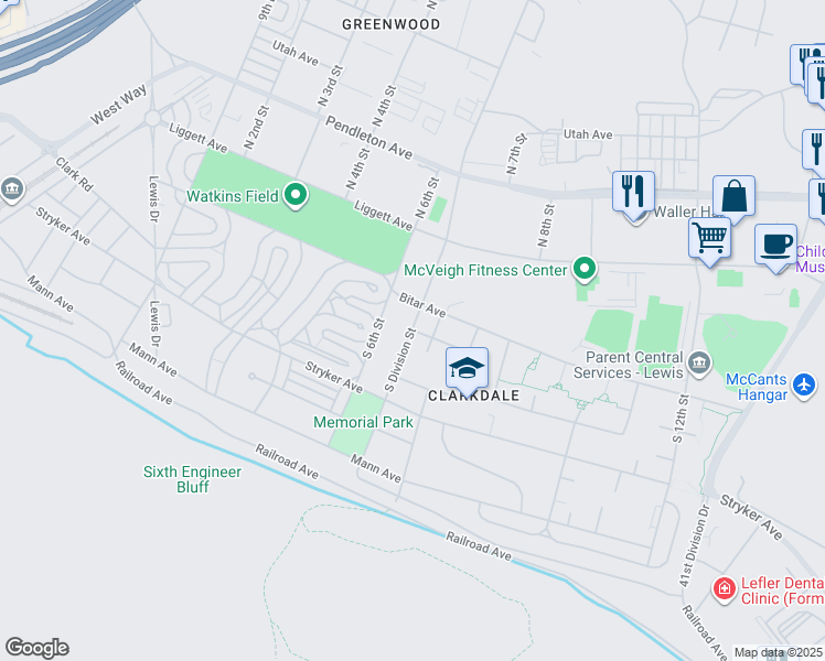 map of restaurants, bars, coffee shops, grocery stores, and more near South Division Street in Joint Base Lewis-McChord