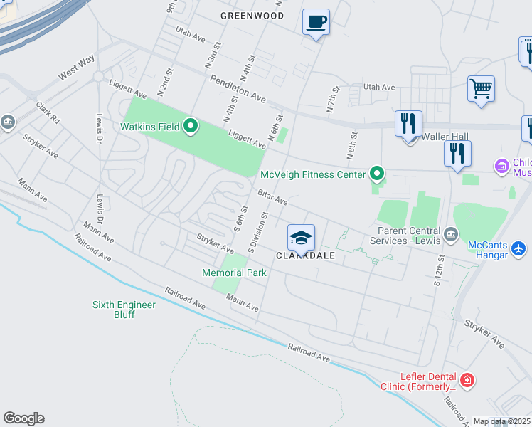 map of restaurants, bars, coffee shops, grocery stores, and more near South Division Street in Joint Base Lewis-McChord