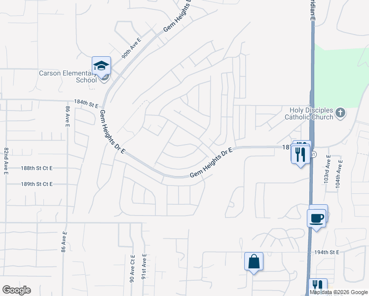 map of restaurants, bars, coffee shops, grocery stores, and more near 9413 186th Street Court East in Puyallup