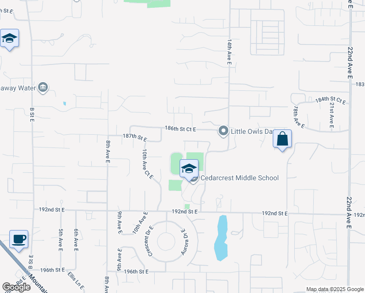 map of restaurants, bars, coffee shops, grocery stores, and more near 1110 187th Street Court East in Spanaway