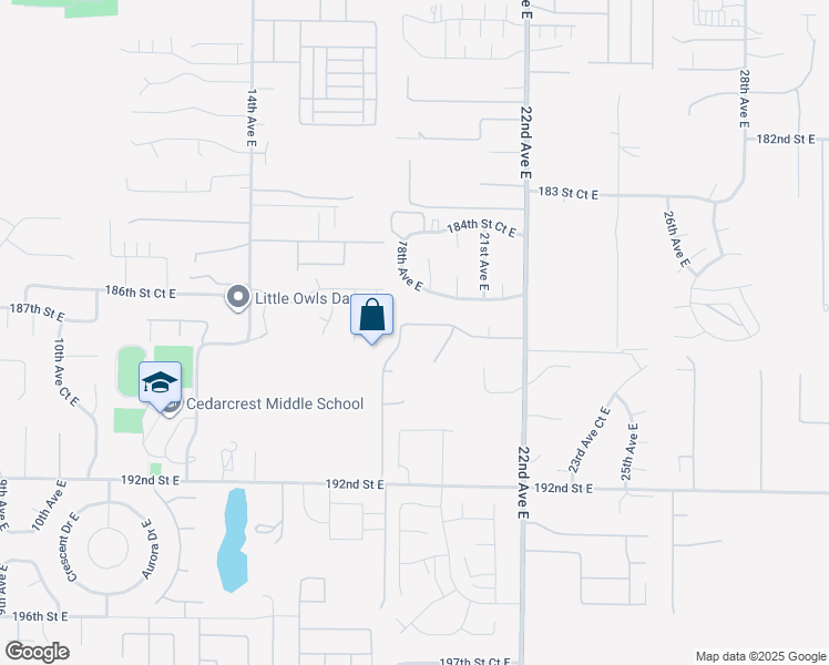 map of restaurants, bars, coffee shops, grocery stores, and more near 1820 187th Street Court East in Spanaway