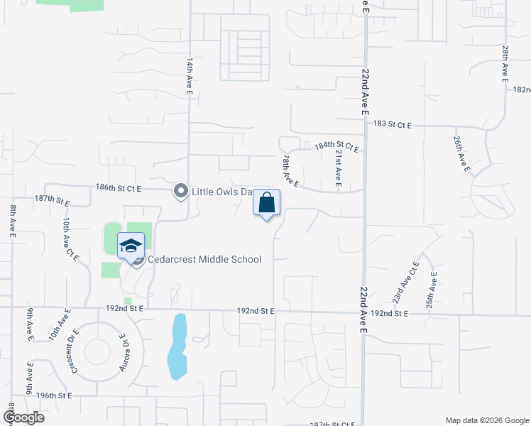 map of restaurants, bars, coffee shops, grocery stores, and more near 18720 17th Avenue Court East in Spanaway