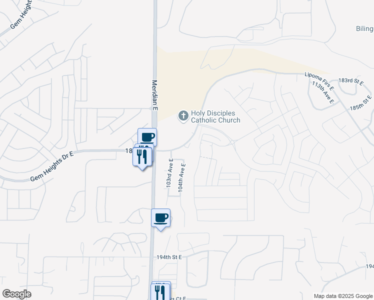 map of restaurants, bars, coffee shops, grocery stores, and more near 10410 187th Street East in Puyallup