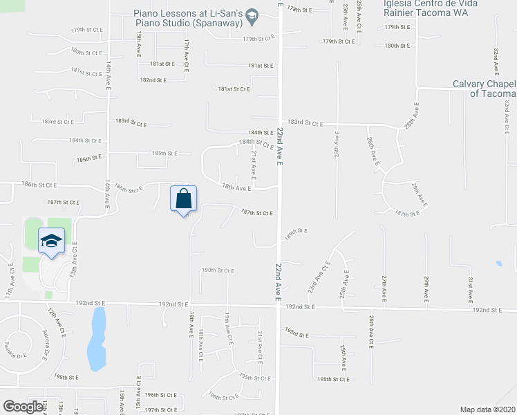 map of restaurants, bars, coffee shops, grocery stores, and more near 2105 187th Street Court East in Spanaway