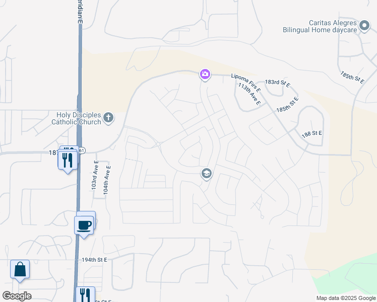 map of restaurants, bars, coffee shops, grocery stores, and more near 10628 187th Street East in Puyallup