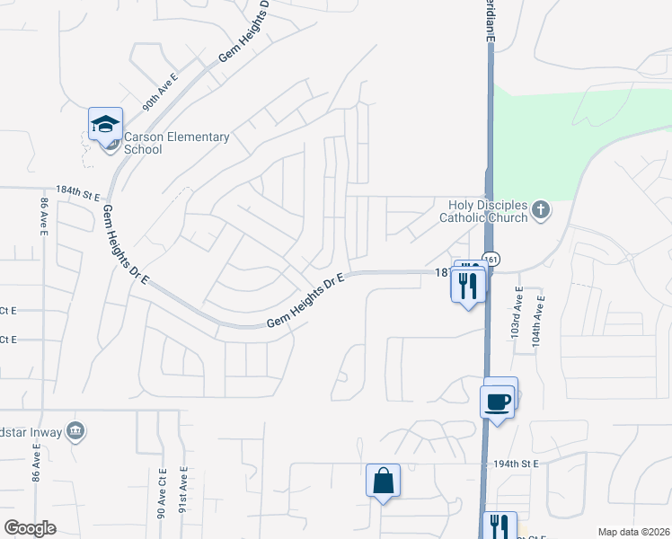map of restaurants, bars, coffee shops, grocery stores, and more near 9626 186th Street Court East in Puyallup