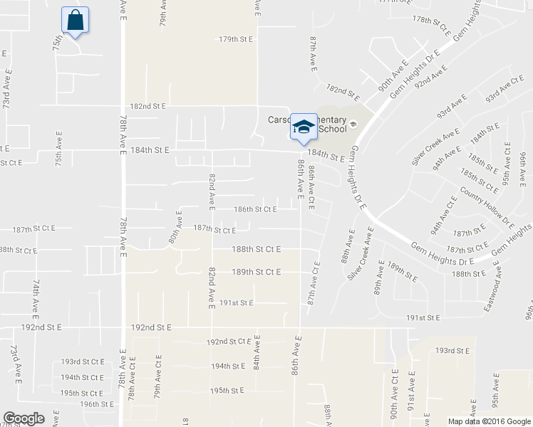 map of restaurants, bars, coffee shops, grocery stores, and more near 8412 186th Street Court East in Puyallup