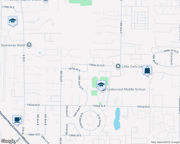 map of restaurants, bars, coffee shops, grocery stores, and more near 18703 11th Avenue Court East in Spanaway