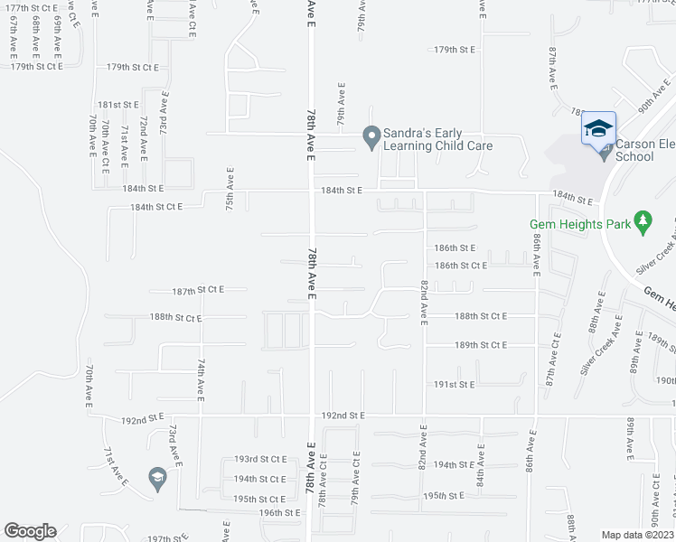 map of restaurants, bars, coffee shops, grocery stores, and more near 7818 186th Street Court East in Puyallup