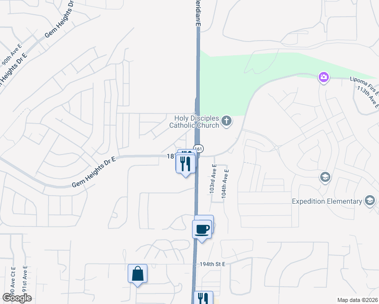 map of restaurants, bars, coffee shops, grocery stores, and more near 18615 101st Avenue Court East in Puyallup