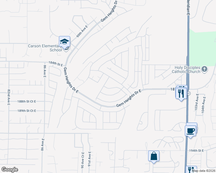 map of restaurants, bars, coffee shops, grocery stores, and more near 9413 186th Street Court East in Puyallup