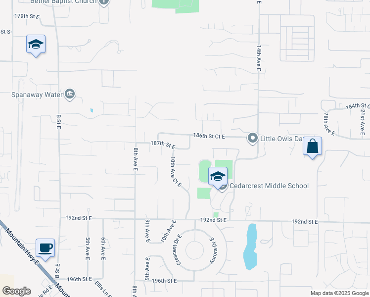 map of restaurants, bars, coffee shops, grocery stores, and more near 18703 11th Avenue Court East in Spanaway