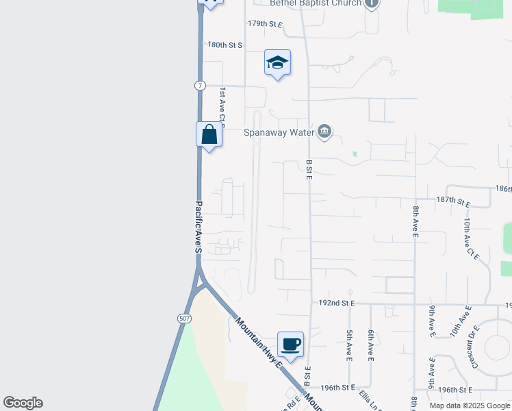 map of restaurants, bars, coffee shops, grocery stores, and more near 203 188th Street East in Spanaway