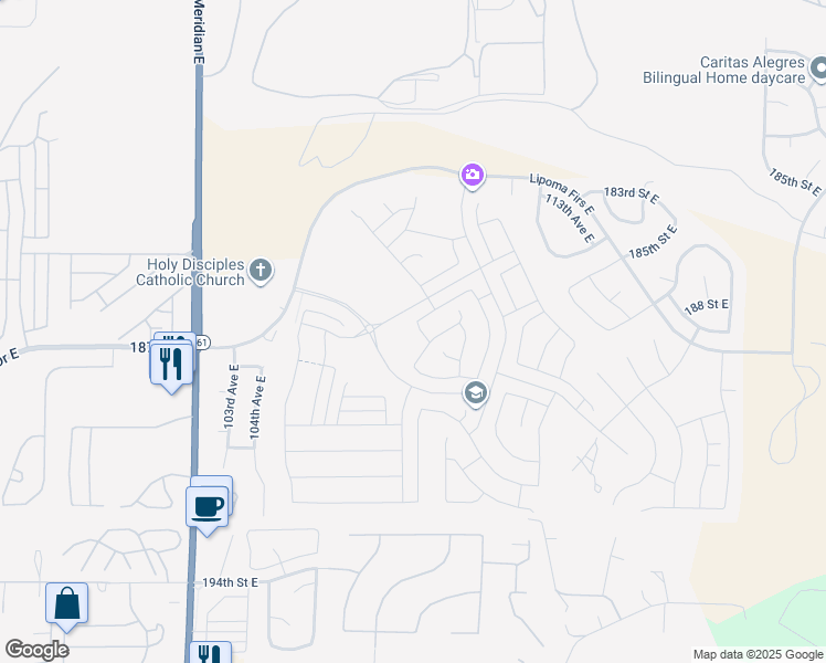 map of restaurants, bars, coffee shops, grocery stores, and more near 18718 106th Avenue Court East in Puyallup