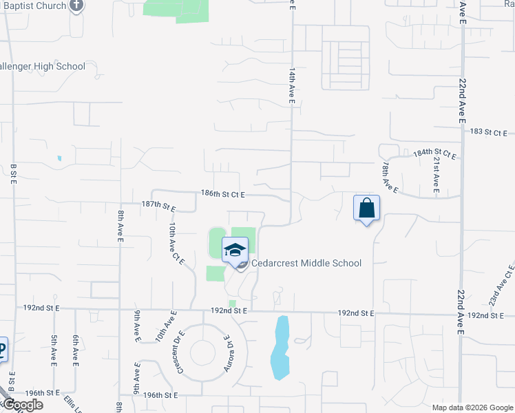 map of restaurants, bars, coffee shops, grocery stores, and more near 18707 12th Avenue Court East in Spanaway