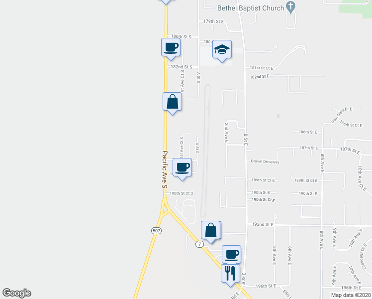 map of restaurants, bars, coffee shops, grocery stores, and more near 18703 1st Avenue Court South in Spanaway