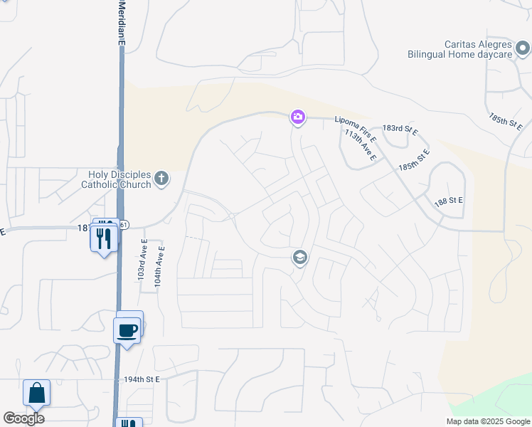 map of restaurants, bars, coffee shops, grocery stores, and more near 10678 186th Street Court East in Puyallup