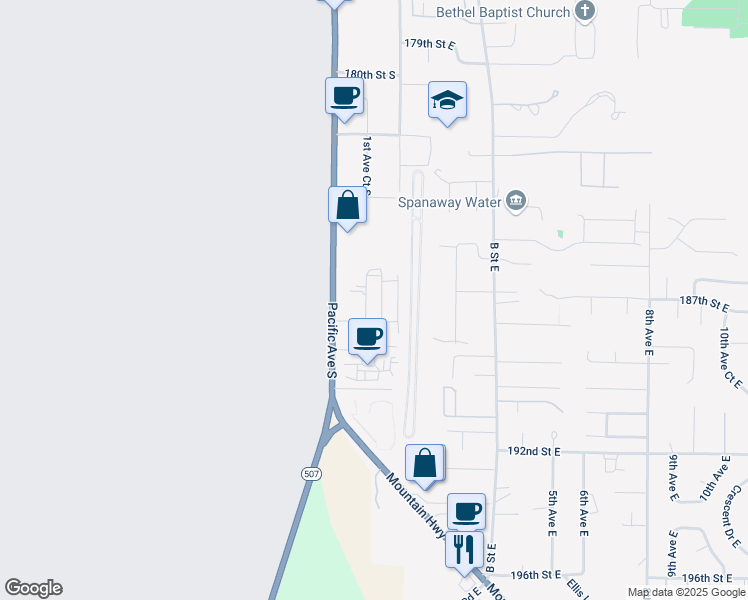 map of restaurants, bars, coffee shops, grocery stores, and more near 18703 1st Avenue Court South in Spanaway