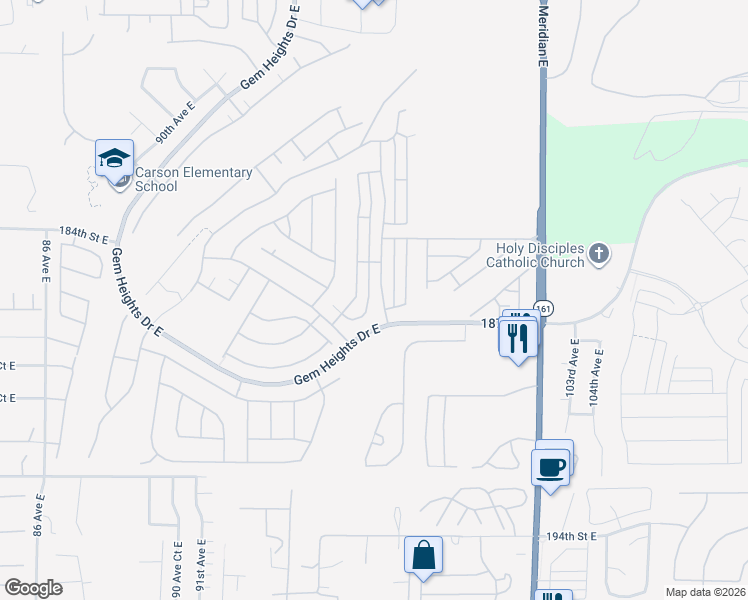 map of restaurants, bars, coffee shops, grocery stores, and more near 9626 186th Street Court East in Puyallup