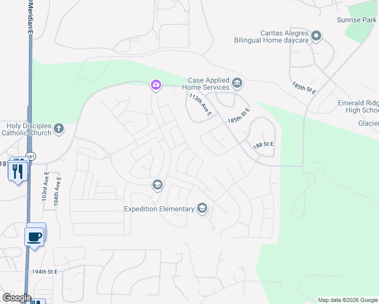 map of restaurants, bars, coffee shops, grocery stores, and more near 18526 111th Avenue East in Puyallup