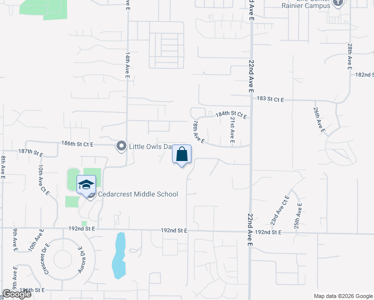 map of restaurants, bars, coffee shops, grocery stores, and more near 18720 17th Avenue Court East in Spanaway