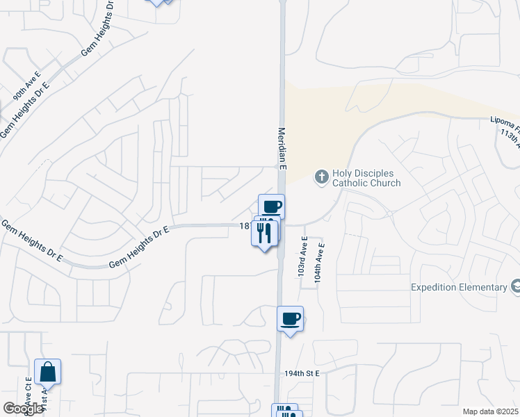 map of restaurants, bars, coffee shops, grocery stores, and more near 10015 186th Place East in Puyallup