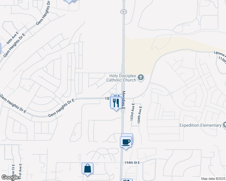 map of restaurants, bars, coffee shops, grocery stores, and more near 10015 186th Place East in Puyallup