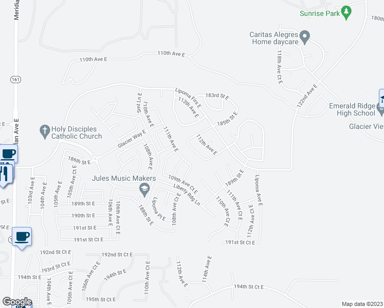 map of restaurants, bars, coffee shops, grocery stores, and more near 18526 111th Avenue East in Puyallup