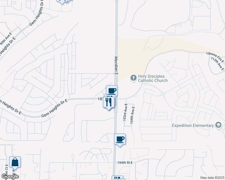 map of restaurants, bars, coffee shops, grocery stores, and more near 18527 101st Avenue Court East in Puyallup